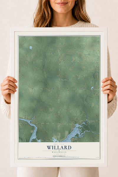 Map of Willard, Wisconsin, 18 x 24 inch print in a white wood frame