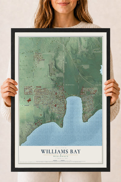 Map of Williams Bay, Wisconsin, 18 x 24 inch print in a black wood frame