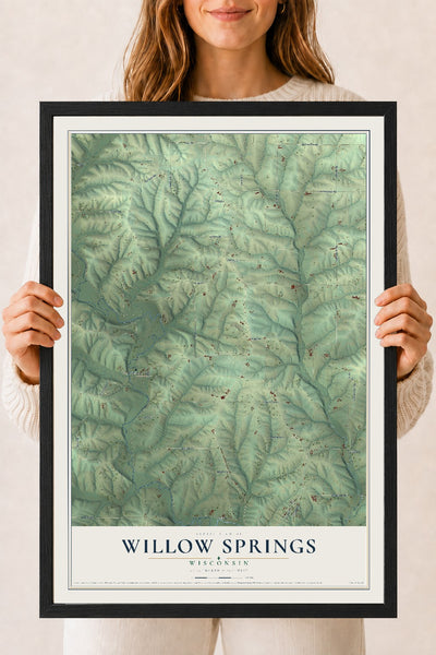 Map of Willow Springs, Wisconsin, 18 x 24 inch print in a black wood frame