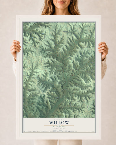 Map of Willow, Wisconsin, 24 x 36 inch print in a white wood frame