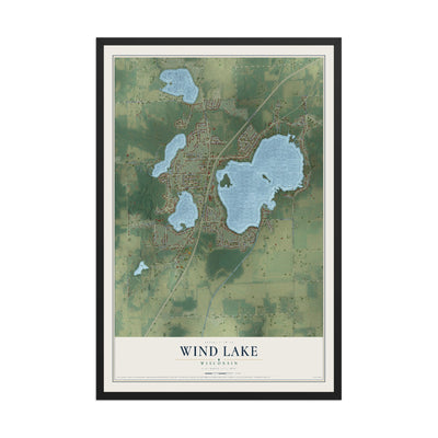 Map of Wind Lake, Wisconsin, 12 x 18 inch print in a black wood frame