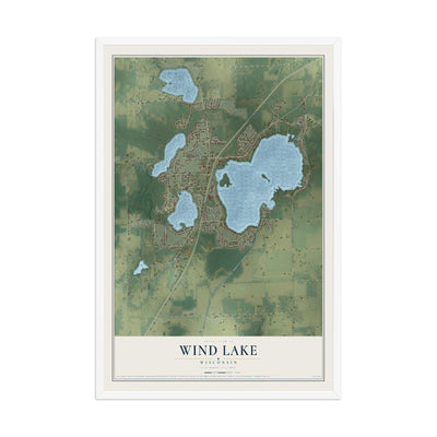 Map of Wind Lake, Wisconsin, 12 x 18 inch print in a white wood frame