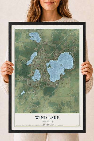 Map of Wind Lake, Wisconsin, 18 x 24 inch print in a black wood frame
