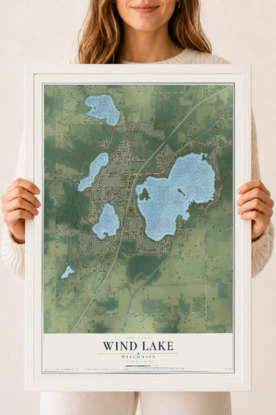 Map of Wind Lake, Wisconsin, 18 x 24 inch print in a white wood frame