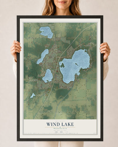 Map of Wind Lake, Wisconsin, 24 x 36 inch print in a black wood frame