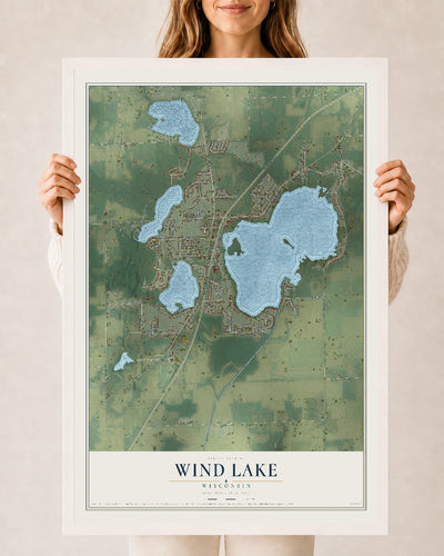 Map of Wind Lake, Wisconsin, 24 x 36 inch print in a white wood frame