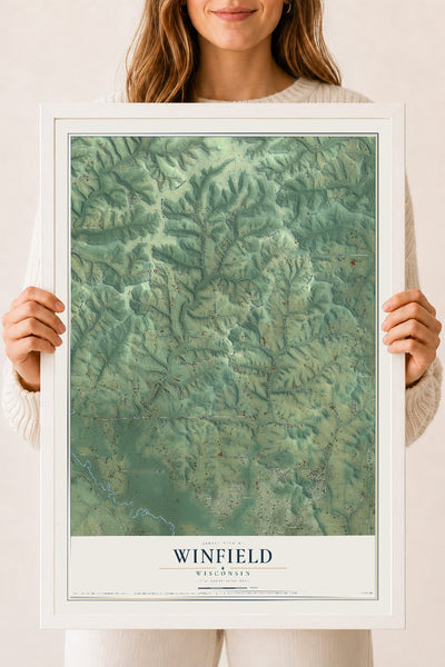 Map of Winfield, Wisconsin, 18 x 24 inch print in a white wood frame