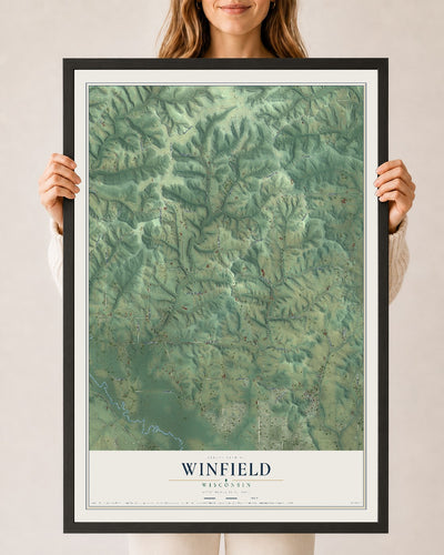 Map of Winfield, Wisconsin, 24 x 36 inch print in a black wood frame