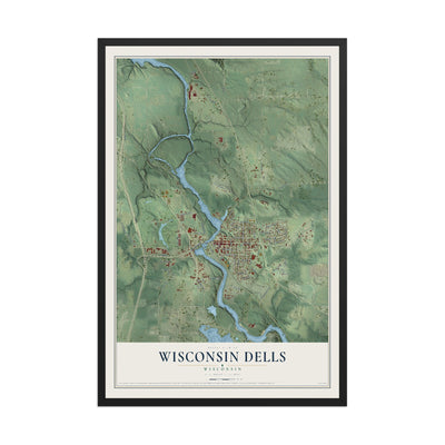 Map of Wisconsin Dells, Wisconsin, 12 x 18 inch print in a black wood frame