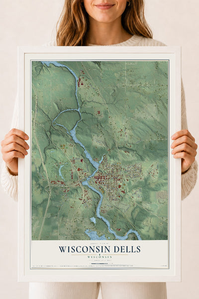Map of Wisconsin Dells, Wisconsin, 18 x 24 inch print in a white wood frame