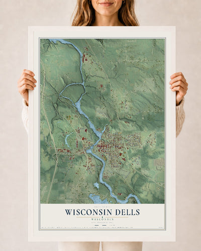 Map of Wisconsin Dells, Wisconsin, 24 x 36 inch print in a white wood frame