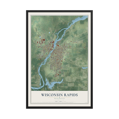 Map of Wisconsin Rapids, Wisconsin, 12 x 18 inch print in a black wood frame