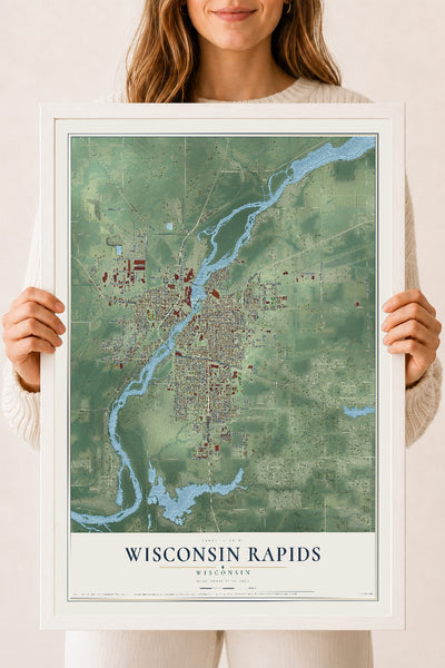 Map of Wisconsin Rapids, Wisconsin, 18 x 24 inch print in a white wood frame