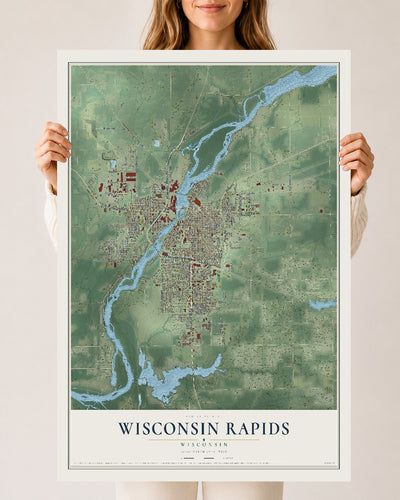 Map of Wisconsin Rapids, Wisconsin, 24 x 36 inch unframed archival matte print
