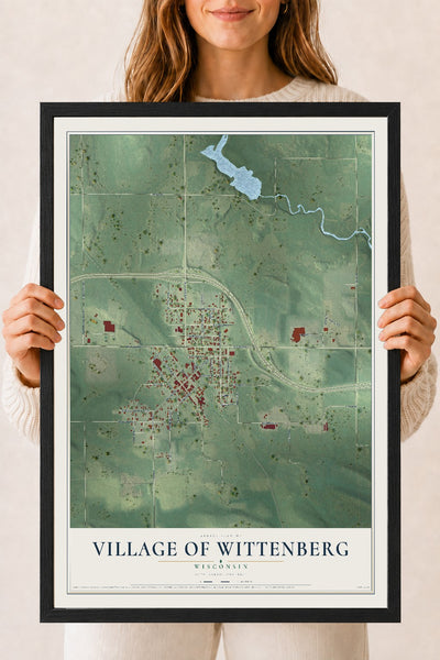 Map of Wittenberg, Wisconsin, 18 x 24 inch print in a black wood frame