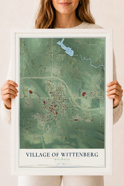 Map of Wittenberg, Wisconsin, 18 x 24 inch print in a white wood frame