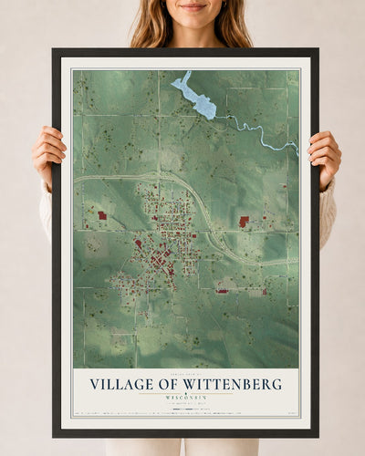 Map of Wittenberg, Wisconsin, 24 x 36 inch print in a black wood frame