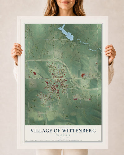 Map of Wittenberg, Wisconsin, 24 x 36 inch print in a white wood frame