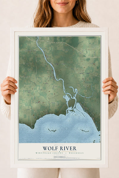 Map of Wolf River, Winnebago County, Wisconsin, 18 x 24 inch print in a white wood frame