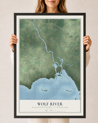 Map of Wolf River, Winnebago County, Wisconsin, 24 x 36 inch print in a black wood frame