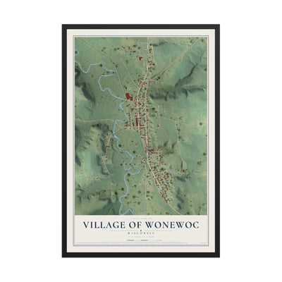 Map of Wonewoc, Wisconsin, 12 x 18 inch print in a black wood frame