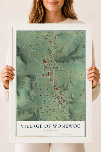 Map of Wonewoc, Wisconsin, 18 x 24 inch print in a white wood frame