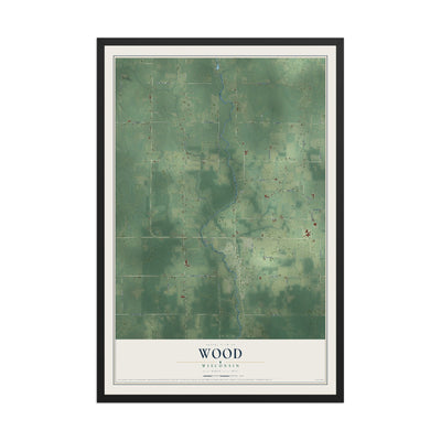 Map of Wood, Wisconsin, 12 x 18 inch print in a black wood frame