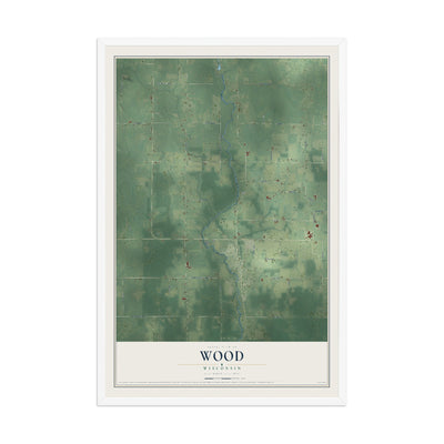 Map of Wood, Wisconsin, 12 x 18 inch print in a white wood frame