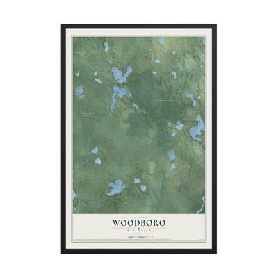 Map of Woodboro, Wisconsin, 12 x 18 inch print in a black wood frame