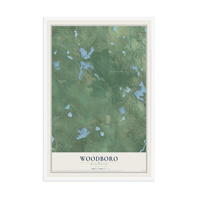 Map of Woodboro, Wisconsin, 12 x 18 inch print in a white wood frame
