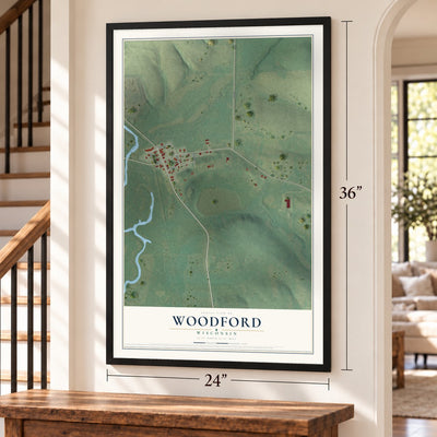 Woodford, Wisconsin map, 24 x 36 inch print in a black frame by a staircase