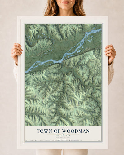 Map of the Town of Woodman, Wisconsin, 24 x 36 inch print in a white wood frame