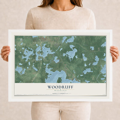 Map of Woodruff, Wisconsin, 12 x 18 inch print in a white wood frame