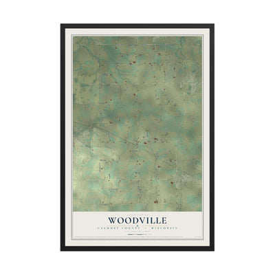 Map of Woodville, Calumet County, Wisconsin, 12 x 18 inch print in a black wood frame