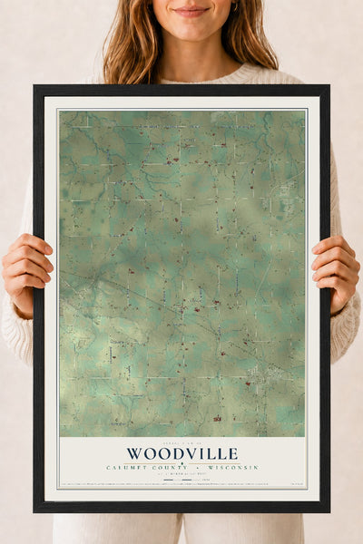 Map of Woodville, Calumet County, Wisconsin, 18 x 24 inch print in a black wood frame