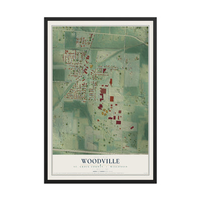 Map of Woodville, St. Croix County, Wisconsin, 12 x 18 inch print in a black wood frame