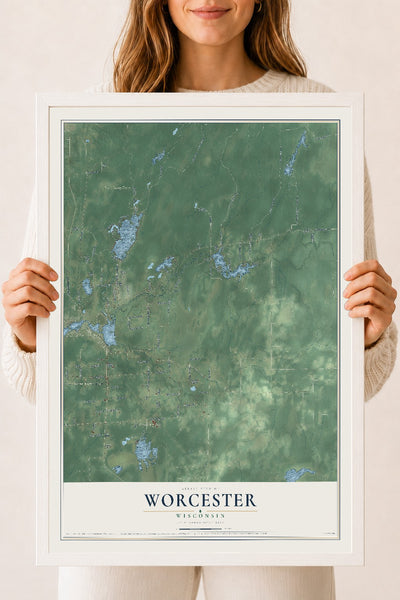 Map of Worcester, Wisconsin, 18 x 24 inch print in a white wood frame