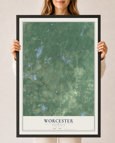 Map of Worcester, Wisconsin, 24 x 36 inch print in a black wood frame