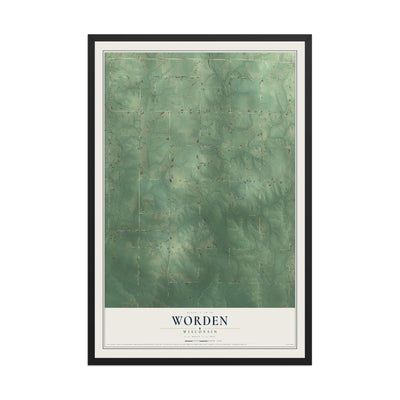 Map of Worden, Wisconsin, 12 x 18 inch print in a black wood frame
