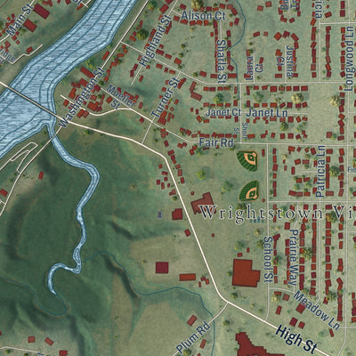 Close-up of the map of Wrightstown, Wisconsin print showing street and building detail