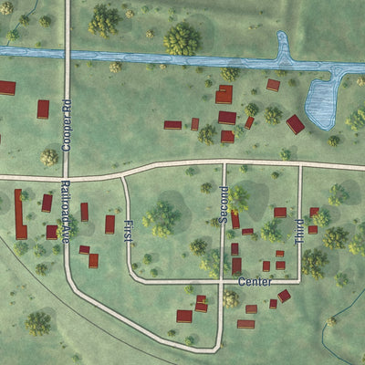 Close-up of the map of Wyeville, Wisconsin print showing street and building detail
