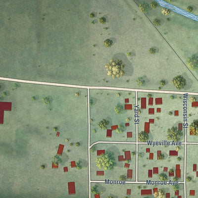 Second close-up of the map of Wyeville, Wisconsin print showing more streets and buildings