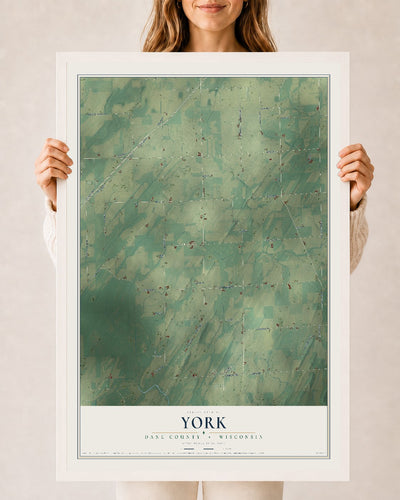 Map of York, Dane County, Wisconsin, 24 x 36 inch print in a white wood frame