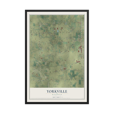 Map of Yorkville, Wisconsin, 12 x 18 inch print in a black wood frame