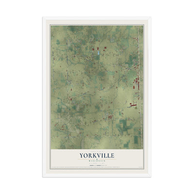 Map of Yorkville, Wisconsin, 12 x 18 inch print in a white wood frame