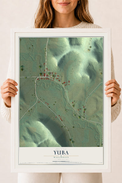 Map of Yuba, Wisconsin, 18 x 24 inch print in a white wood frame