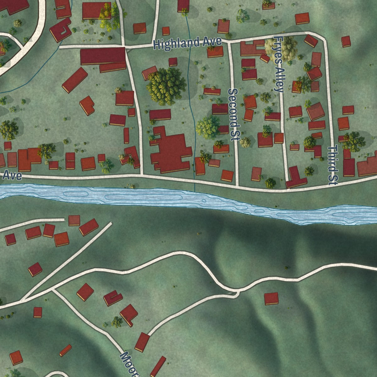 Second close-up of the map of Addison (Webster Springs), West Virginia print showing more streets and buildings