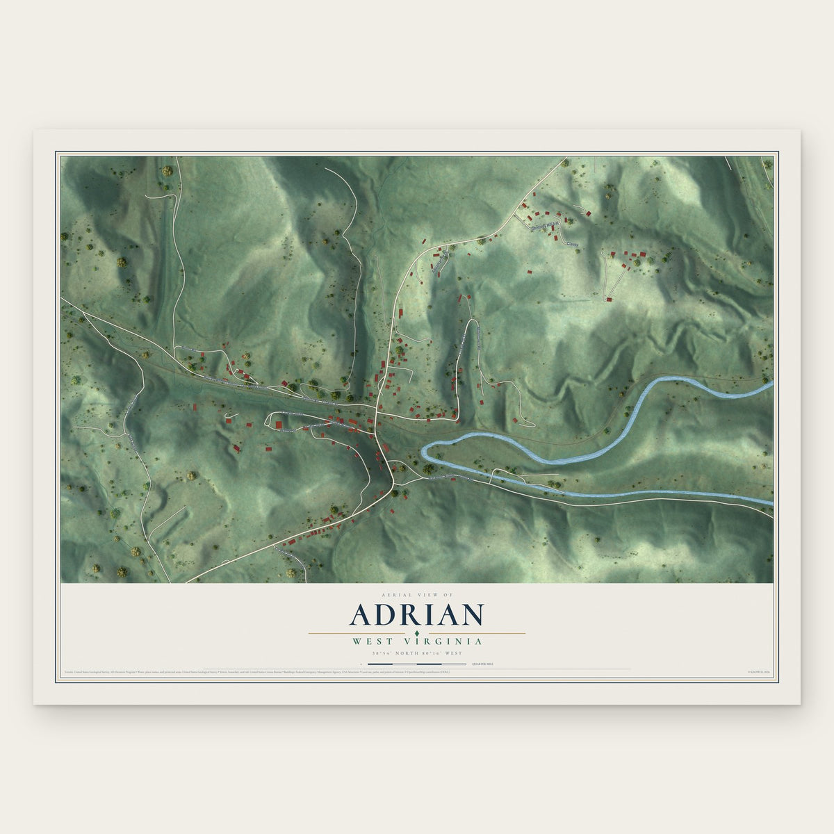 Adrian, West Virginia map print, the full design