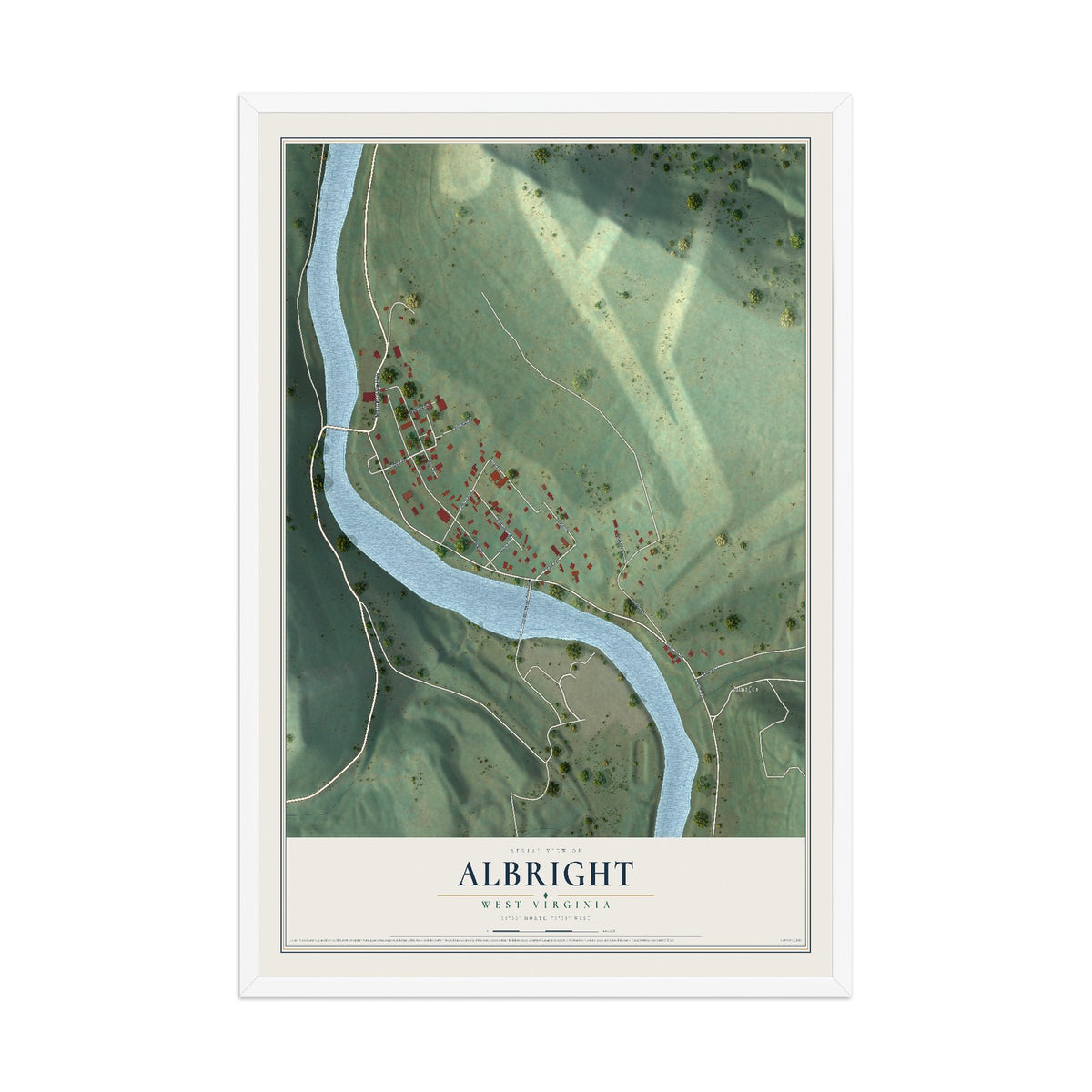 Map of Albright, West Virginia, 12 x 18 inch print in a white wood frame