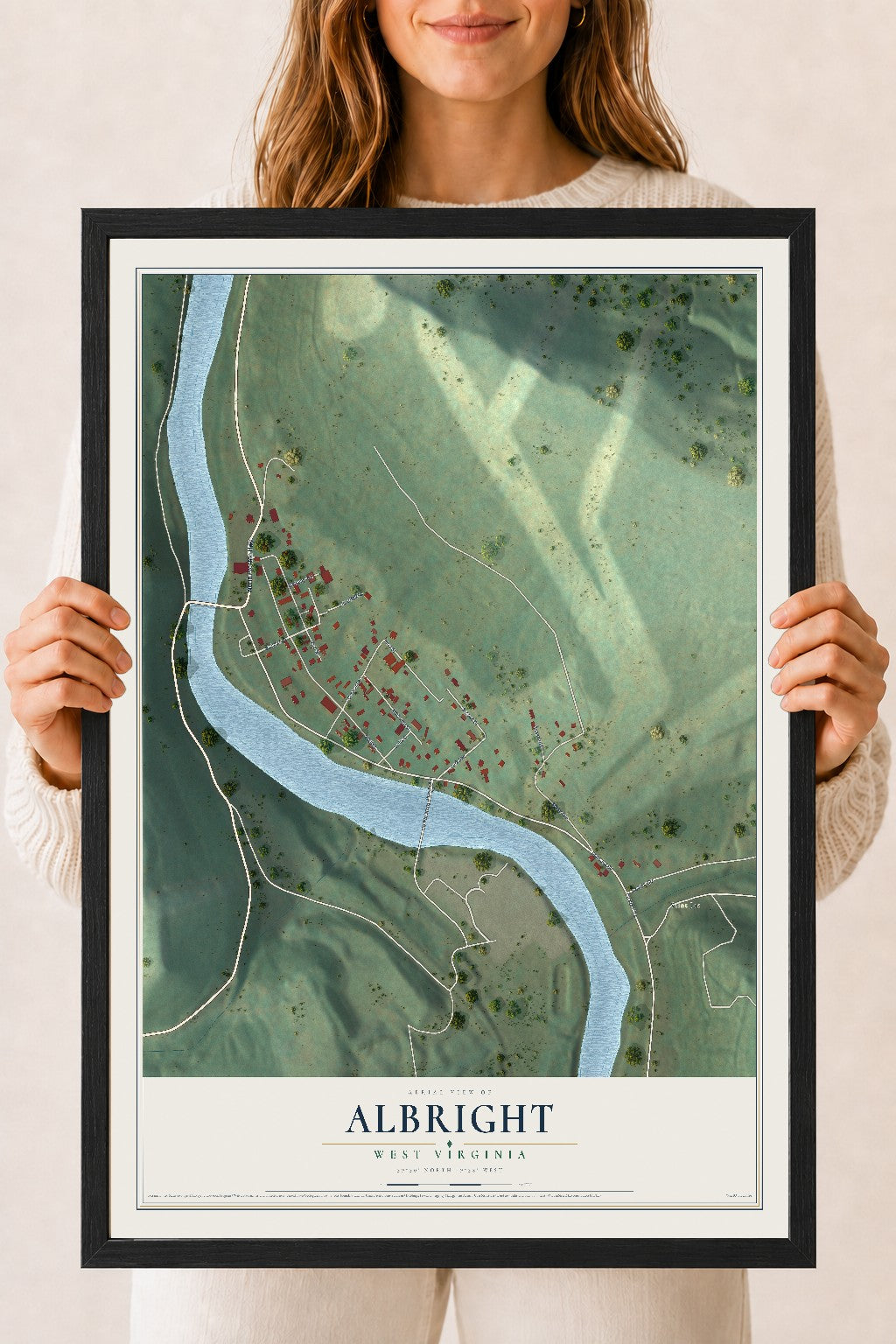 Map of Albright, West Virginia, 18 x 24 inch print in a black wood frame